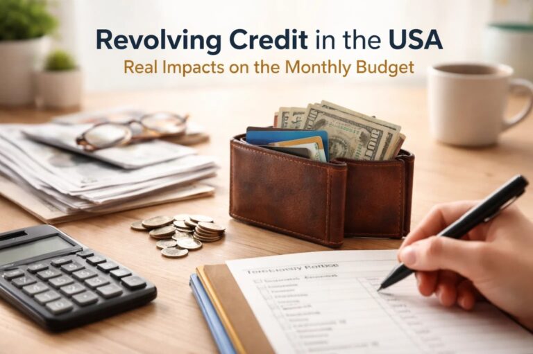 Financial planning scene showing a wallet with cash and credit cards, coins on a desk, a calculator, bills, and a person reviewing a monthly budget worksheet, illustrating how credit cards and revolving credit impact household finances and monthly cash flow in the United States.