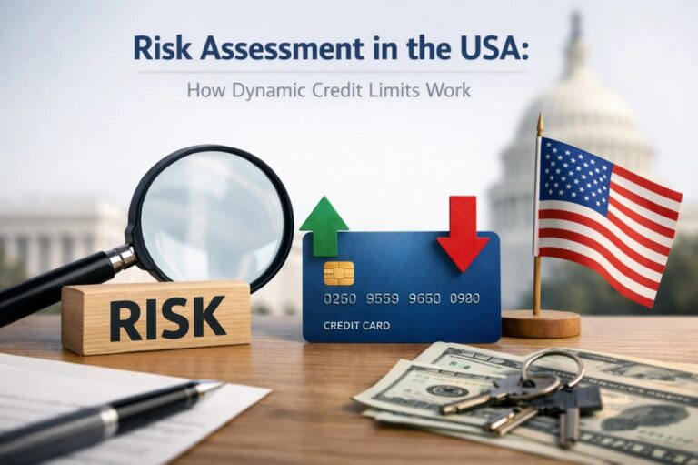 Conceptual financial scene showing credit cards with upward and downward arrows, a magnifying glass labeled risk, US dollar bills, keys, and an American flag, illustrating how credit cards in the United States use dynamic credit limits based on real-time risk assessment and consumer behavior.