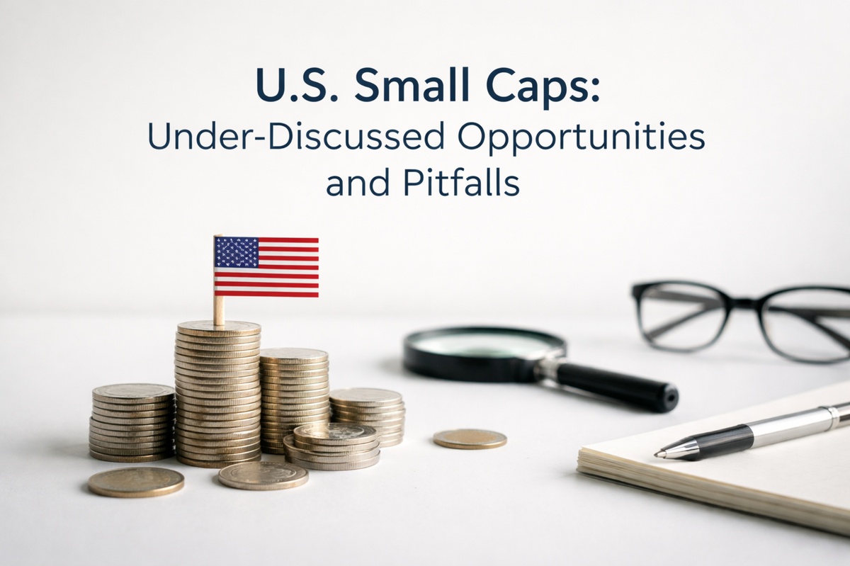 A clean financial composition illustrating U.S. small-cap investments, featuring stacks of coins arranged in ascending order with a small American flag on top. In the background, a magnifying glass, eyeglasses, and a notebook with a pen suggest analysis, research, and careful evaluation, symbolizing the balance between opportunity and risk in lesser-known segments of the U.S. equity market.