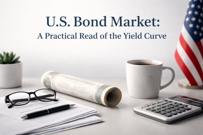 A professional financial workspace illustrating the U.S. bond market, featuring a rolled U.S. dollar bill, printed documents, a calculator, and a pen on a desk. A cup of coffee and an American flag in the background suggest macroeconomic context and policy influence, visually representing the practical interpretation of the yield curve and interest rate analysis.