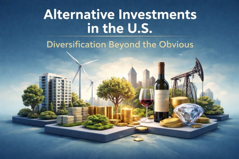 A conceptual illustration of alternative investments in the U.S., featuring real estate buildings, wind turbines, stacks of cash and gold coins, a wine bottle and glass, an oil pump jack, and a large diamond. A modern city skyline in the background represents diversification beyond traditional stocks and bonds, highlighting real assets, commodities, private investments, and tangible stores of value.