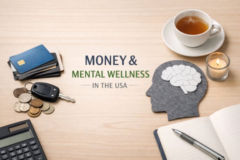 Mental health and finances relationship depicted with credit cards, coins, notebook, tea cup and brain illustration.