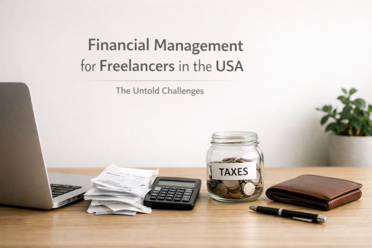 Freelancer finances setup with laptop, receipts, calculator and jar labeled taxes, highlighting financial challenges in the USA.