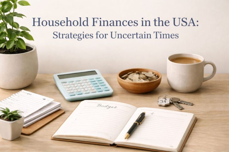 Household finances management scene with documents, calculator, keys and credit cards on a desk.