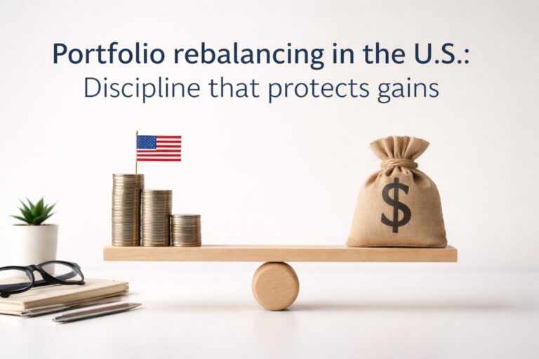 Minimalist financial concept image illustrating portfolio rebalancing in the United States. A wooden balance scale is centered on a clean white background. On the left side, stacked coins topped with a small U.S. flag represent American investments and market growth. On the right side, a burlap money bag marked with a dollar symbol symbolizes capital preservation. The balanced scale conveys discipline, risk control, and strategic asset allocation. On the desk below are glasses, a notebook, a pen, and a small plant, reinforcing a calm, methodical investment environment.