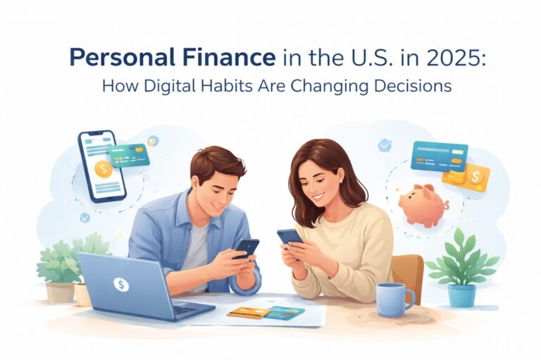 Illustrated scene representing personal finance in the United States in 2025. A young man and a young woman sit at a table, both focused on their smartphones while managing money digitally. A laptop, credit cards, and a coffee mug rest on the table, symbolizing modern financial tools. Surrounding icons show mobile banking apps, digital payments, savings accounts, and budgeting features, highlighting how technology influences everyday financial decisions, habits, and behavior. The clean, friendly illustration emphasizes accessibility, convenience, and the growing role of digital finance.