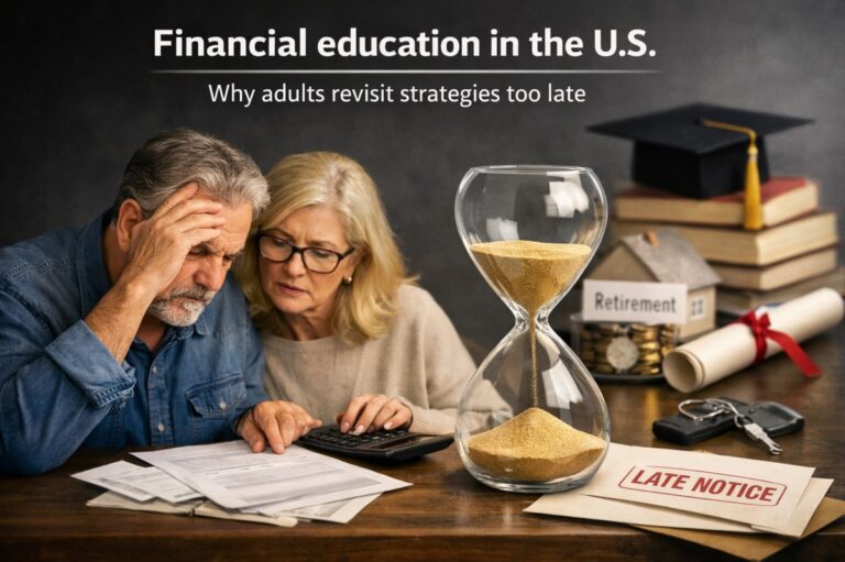 Photo illustration representing financial education challenges in the United States. A middle-aged couple sits at a table reviewing bills and financial documents, looking concerned while using a calculator. An hourglass filled with sand symbolizes time pressure and delayed planning. In the background, stacked books, a graduation cap, a small house model, and a container labeled ‘retirement’ represent education, home ownership, and long-term financial goals. A paper marked ‘late notice’ reinforces the theme of revisiting financial strategies too late in life.