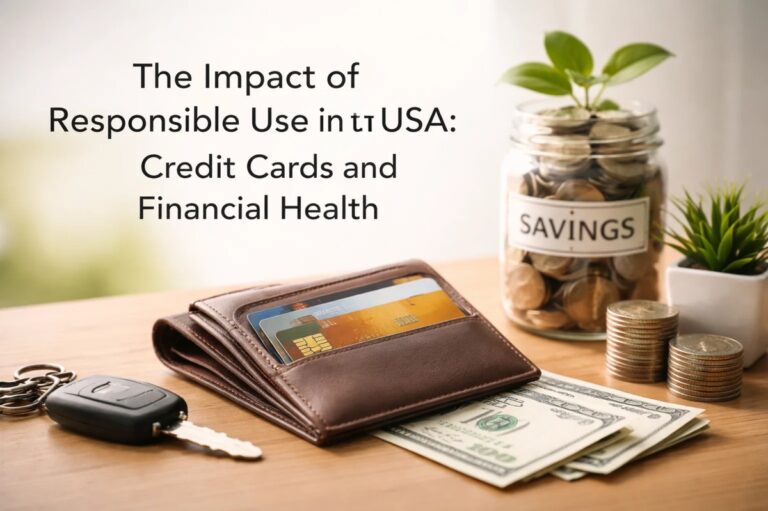 Financial wellness scene featuring a wallet with credit cards, US dollar bills, car keys, and a glass jar labeled savings filled with coins and a growing plant, illustrating how credit cards in the United States can support responsible use, saving habits, and long-term financial health.