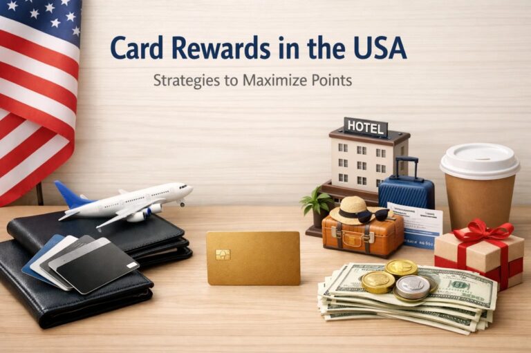 Conceptual workspace scene featuring credit cards, wallets, cash, coins, a gold card, travel items such as a suitcase, airplane model, hotel building, coffee cup, and gift box, symbolizing how credit cards in the United States can be used to earn rewards points, travel benefits, and financial value through strategic spending.