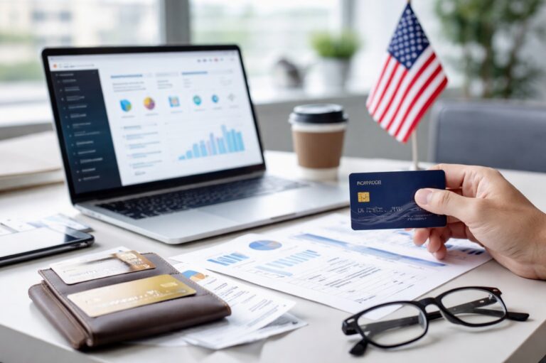 Modern corporate expense management workspace in the United States, showing a professional holding a corporate credit card over financial documents on a clean desk with a laptop, wallet, receipts, and a subtle American flag in the background, representing efficiency and control in business spending with credit cards.