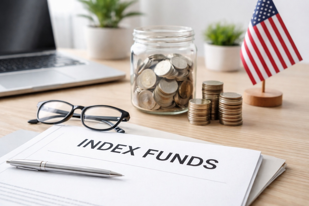 Minimalist and realistic workspace scene illustrating long-term investiments in the United States, featuring a glass jar filled with coins, neatly stacked coins on a wooden desk, a small U.S. flag on a stand, a closed laptop in the background, and a pair of eyeglasses resting beside a document folder, all arranged with soft natural lighting to convey stability, discipline, and steady financial growth through investiments.