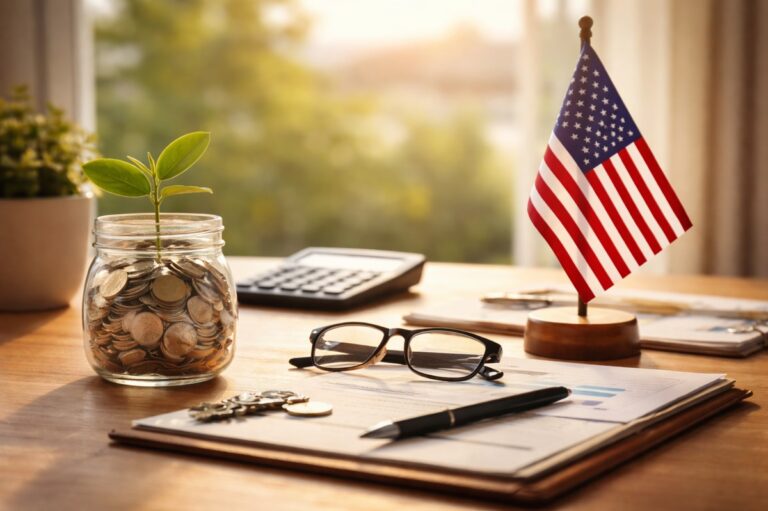 Minimalist and realistic desk scene representing retirement planning in the United States, with a glass jar filled with coins and a growing plant symbolizing long-term investments, reading glasses resting on financial documents, a pen and house keys in the foreground, and a small American flag on a wooden base, all arranged in a clean, well-lit workspace that conveys financial preparation and future security.