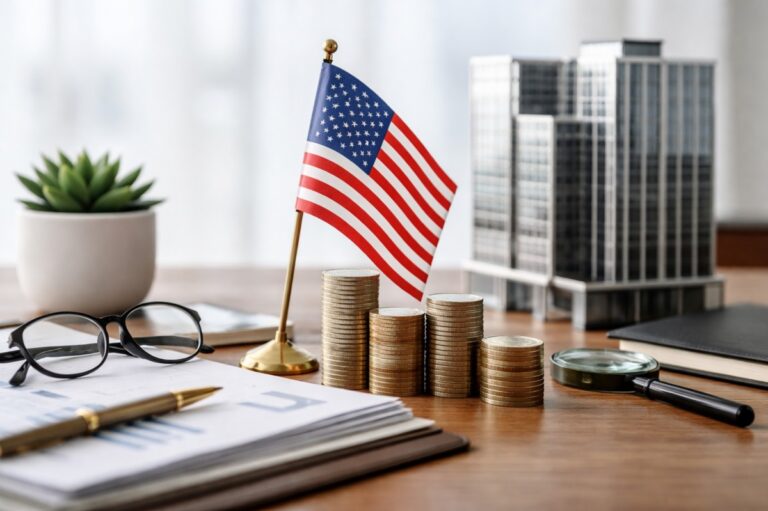 Realistic and minimalist desk scene representing investments, featuring stacked coins beside a small United States flag, financial documents, eyeglasses, a magnifying glass, and a modern office building model in the background, symbolizing long-term capital allocation and private equity decision-making in the US market.