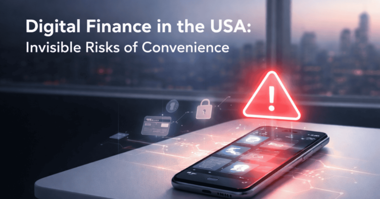 Digital finance risks in the USA illustrated by smartphone warning alert, highlighting modern finances and cybersecurity concerns.