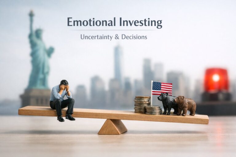 Emotional investing and personal finances concept showing a stressed investor balancing risk and uncertainty in the US market.