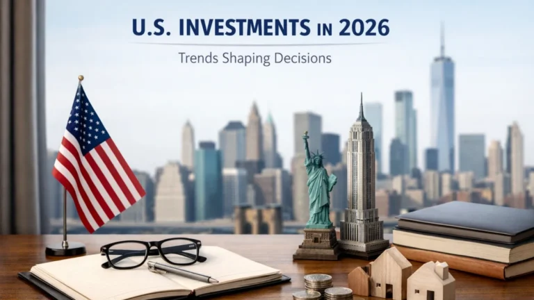 Modern workspace scene representing U.S. investments with American flag, notebook, glasses, coins, miniature houses, Statue of Liberty and New York skyline in the background, symbolizing economic growth, financial planning and urban development investments.