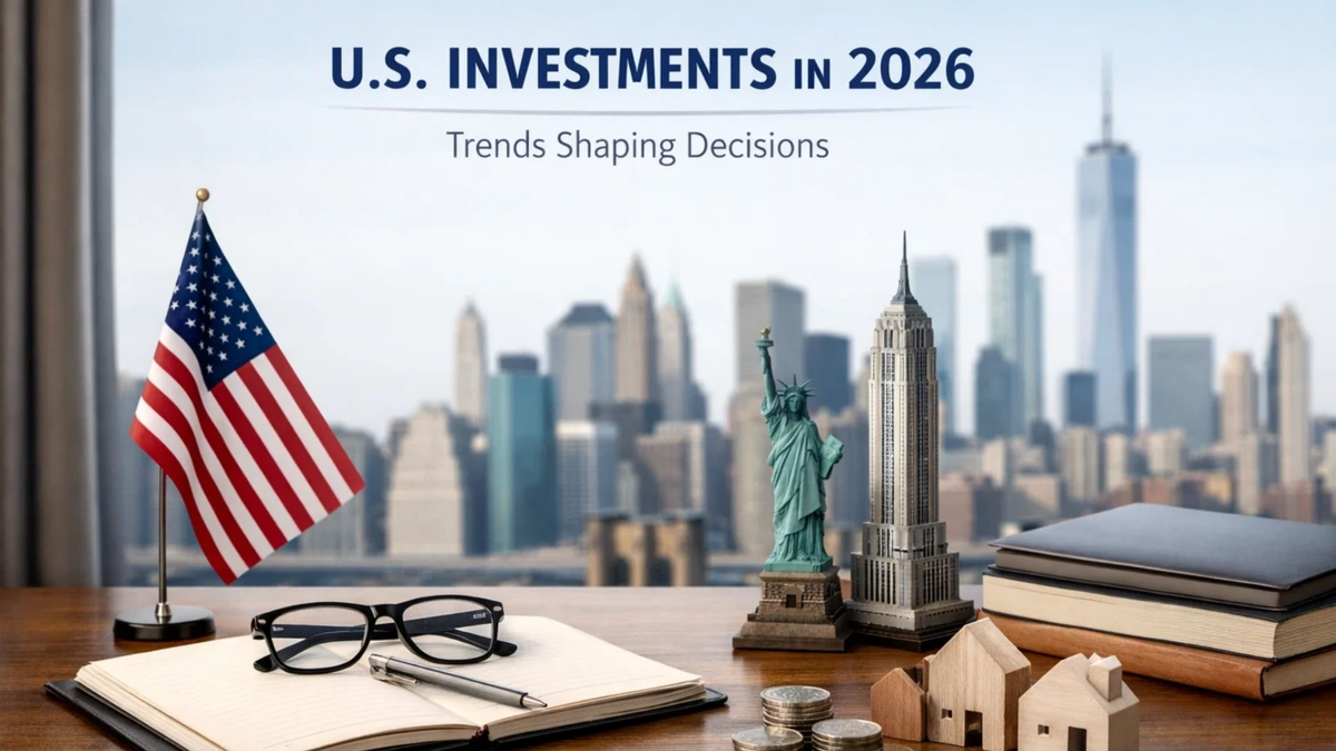 Modern workspace scene representing U.S. investments with American flag, notebook, glasses, coins, miniature houses, Statue of Liberty and New York skyline in the background, symbolizing economic growth, financial planning and urban development investments.