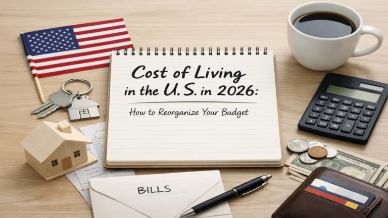 A neatly arranged desk scene representing personal finances in the United States, featuring a notebook labeled "Cost of Living in the U.S. in 2026: How to Reorganize Your Budget" surrounded by a calculator, coffee cup, wallet with cash and cards, coins, house keychain, small model house, bills envelope, and an American flag, symbolizing budgeting and financial planning in a modern economic context.