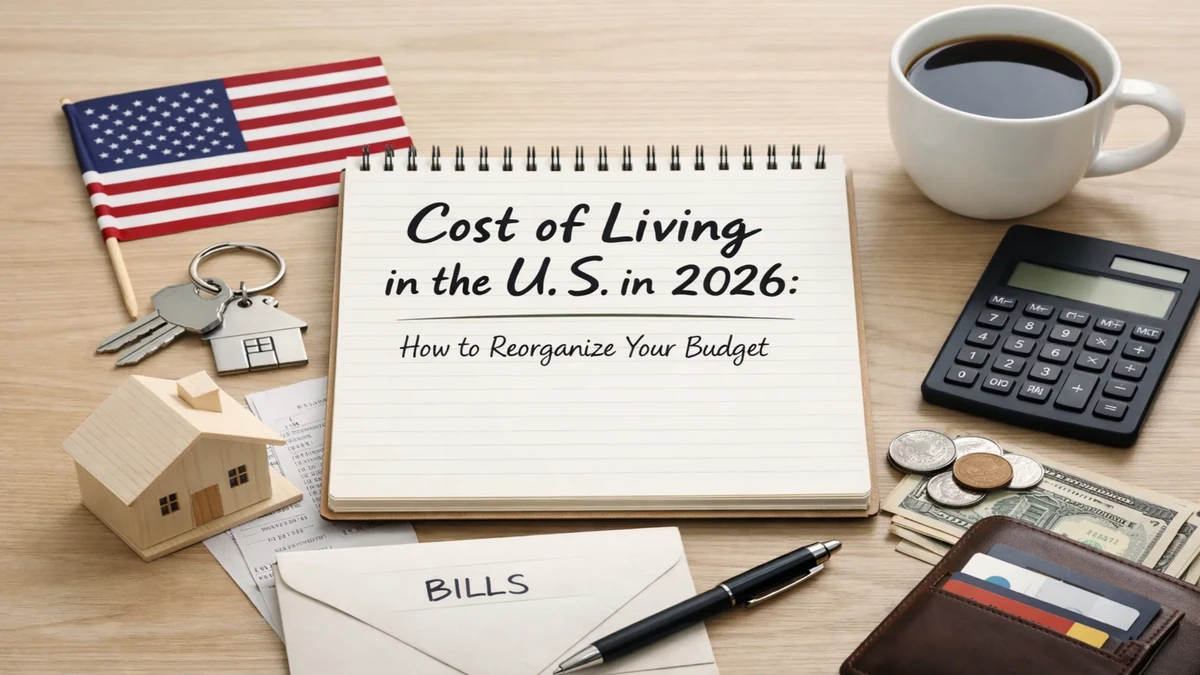 A neatly arranged desk scene representing personal finances in the United States, featuring a notebook labeled "Cost of Living in the U.S. in 2026: How to Reorganize Your Budget" surrounded by a calculator, coffee cup, wallet with cash and cards, coins, house keychain, small model house, bills envelope, and an American flag, symbolizing budgeting and financial planning in a modern economic context.