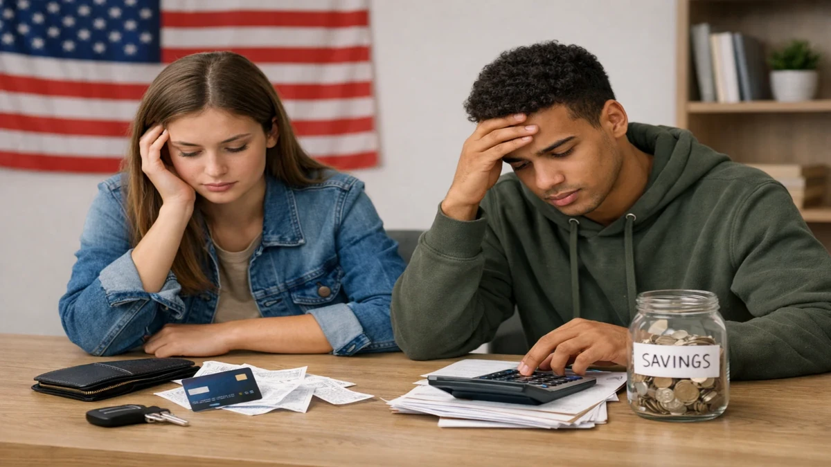 Young adults in the United States sitting at a table with bills, credit cards, and a calculator, looking stressed while managing their finances, with a savings jar and an American flag in the background, representing financial education in the U.S. and common mistakes among young adults in handling finances.