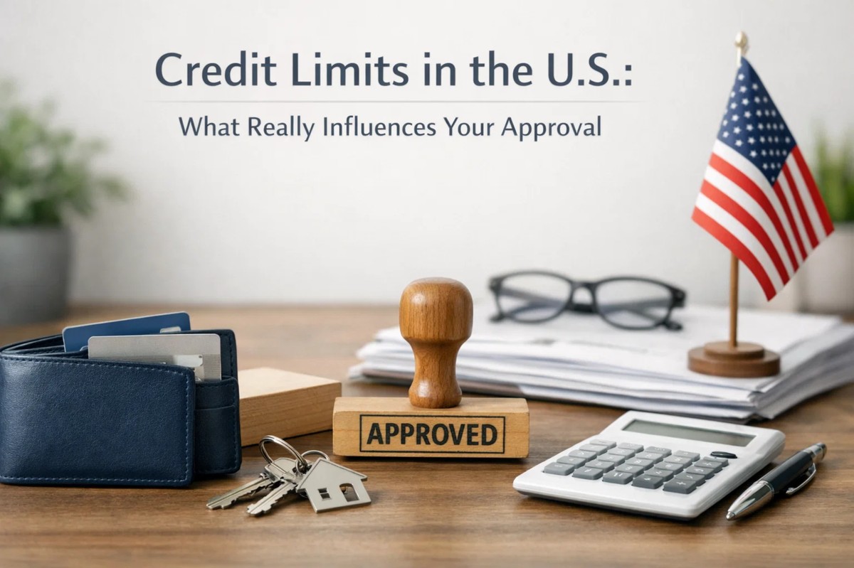 A clean and professional composition showing a desk with a wallet containing credit cards, house keys, a calculator, and an approved stamp, alongside a small U.S. flag and documents in the background, illustrating financial approval and credit limits in the United States.
