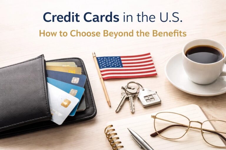A clean workspace scene featuring a wallet filled with multiple credit cards, a small U.S. flag, a cup of coffee, a notebook with a pen, and a pair of eyeglasses arranged neatly on a wooden desk. The composition highlights financial planning and lifestyle elements associated with credit cards in the United States, conveying a sense of organization, decision-making, and everyday money management.