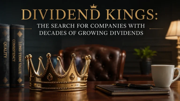 Minimalist and realistic investments-themed office scene featuring a golden crown on a polished wooden desk, leather-bound books symbolizing long-term value and consistency, a notebook with a pen, and a coffee cup in a sophisticated executive environment. The image highlights the title “DIVIDEND KINGS: THE SEARCH FOR COMPANIES WITH DECADES OF GROWING DIVIDENDS” in elegant gold and white typography, representing stability, prestige, and long-term dividend growth investing in the United States market.