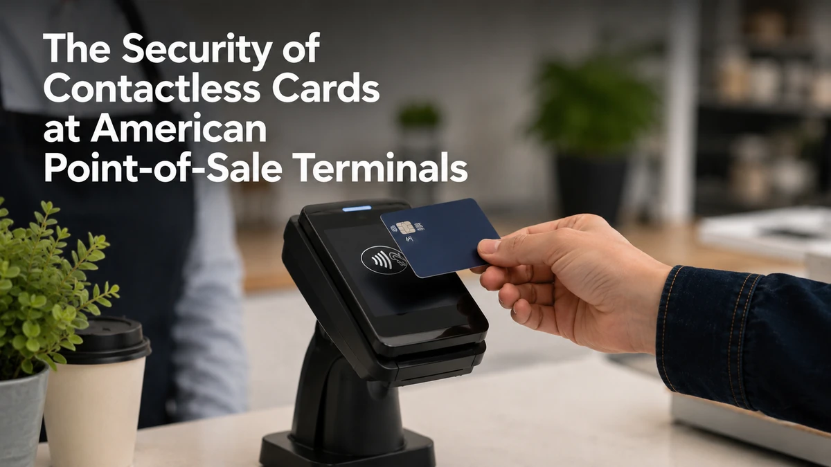 Minimalist realistic scene of a secure contactless payment transaction at an American retail counter, featuring a customer holding a dark blue contactless credit cards near a modern point-of-sale terminal. The softly blurred background includes indoor plants and a cashier area, while large white headline text overlays the upper-left side of the image reading “The Security of Contactless Cards at American Point-of-Sale Terminals.” The composition uses balanced lighting, sharp focus on the payment terminal and hand, and a clean professional aesthetic suitable for financial technology and payment security content.