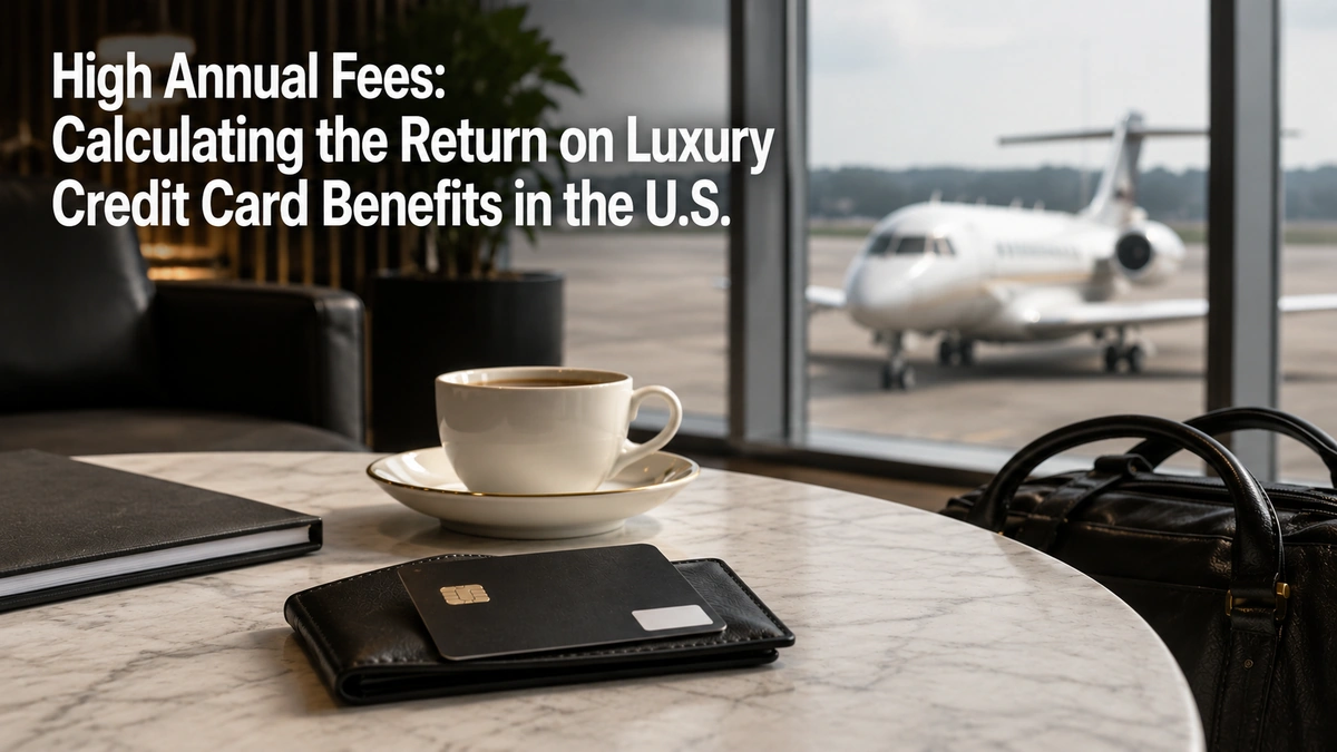 Luxury airport lounge scene with a marble table holding a black wallet and premium credit card beside a coffee cup, with a private jet visible through large windows in the background. Bold white headline text reads “High Annual Fees: Calculating the Return on Luxury Credit Card Benefits in the U.S.” directly over the image. Minimalist and realistic composition representing luxury travel rewards and premium credit cards in the United States.