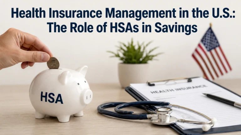 Minimalist and realistic healthcare finances scene in the United States. At the top of the image, the title reads “Health Insurance Management in the U.S.: The Role of HSAs in Savings”. In the foreground, a hand places a coin into a white piggy bank labeled “HSA”, symbolizing Health Savings Account contributions and long-term healthcare savings. On a clean desk, a stethoscope rests beside health insurance documents and a pen, representing medical coverage management. In the softly blurred background, a small potted plant and an American flag reinforce the U.S. context. The composition is bright, professional, and uncluttered, with balanced contrast and sharp details, emphasizing healthcare finances, insurance planning, and personal savings strategies.